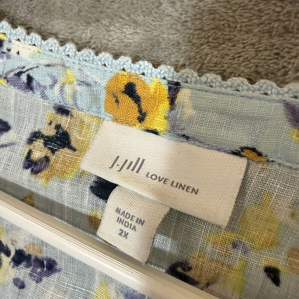 J Jill Love Linen Blouse 2X Plus Floral Print 3/4 Sleeve Lightweight 100% Linen - Picture 2 of 7
